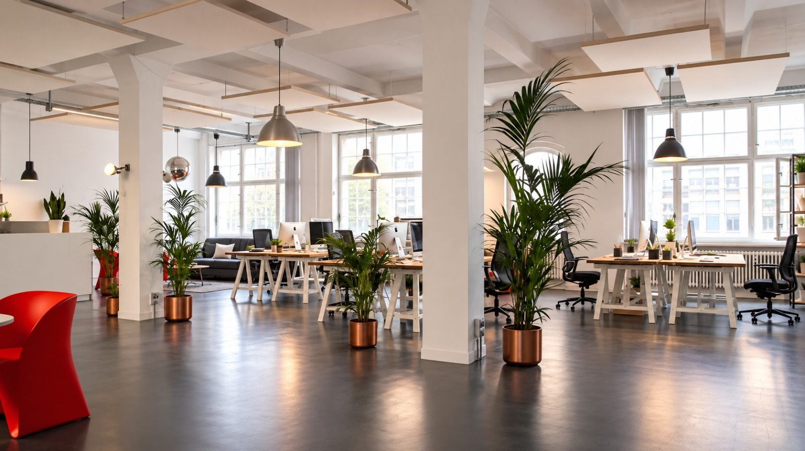 Plateau de bureaux lumineux avec postes de travail et plantes
